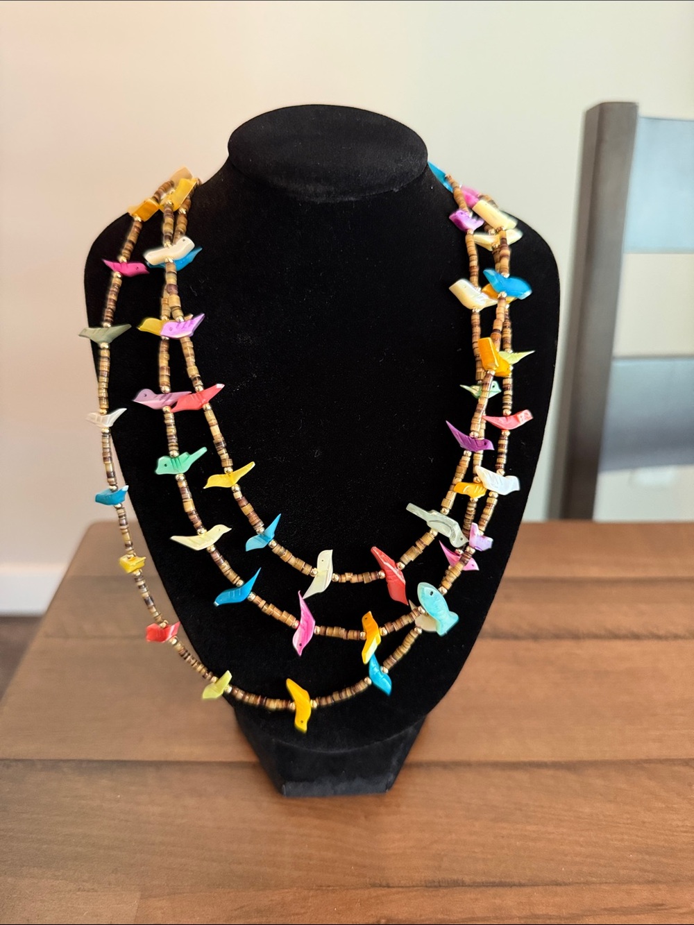 Vintage Southwestern Style Fetish Necklace Triple Strand Bird Fish Heishi Beads